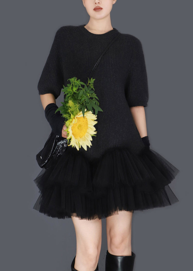 Black Wrinkled Tulle Patchwork Knit Sweater Dress O Neck Short Sleeve