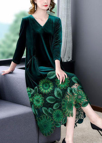 Modern Black V Neck Patchwork Hollow Out Silk Velour Dress Spring