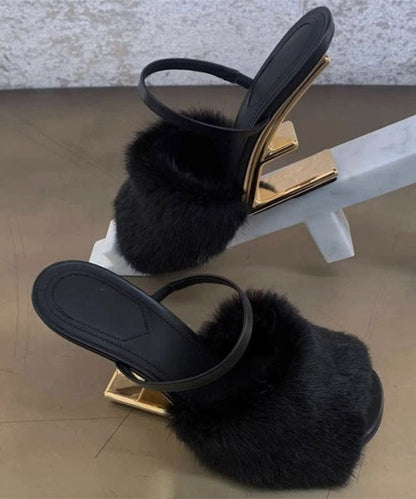 Novelty Apricot Mink Hair Slide Sandals Alien Heel