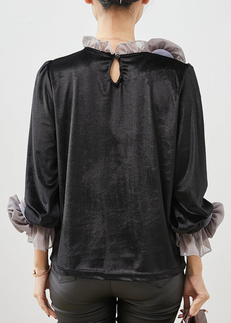 Grey Silk Velour Shirt Top Ruffled Spring