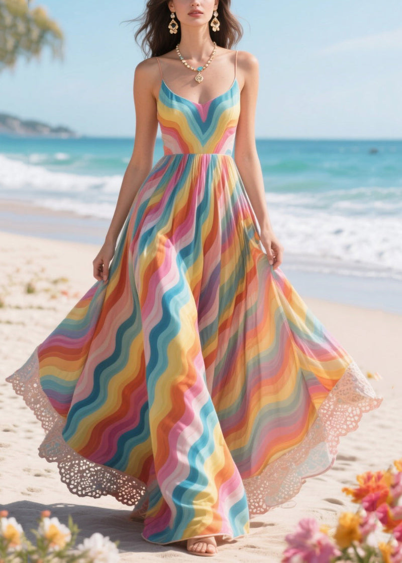 Rainbow Patchwork Exra Large Hem Chiffon Vacation Dress Summer