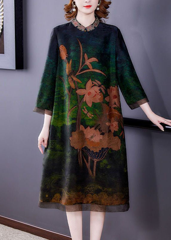 Green Embroideried Patchwork Zippered Silk Dresses Bracelet Sleeve