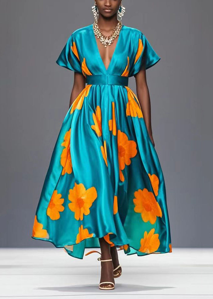 Green Cinched Print Exra Large Hem Silk Party Dress Summer