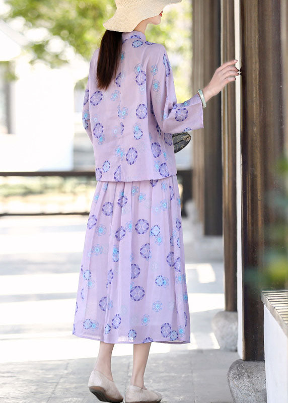 Purple Mandarin Collar Print Linen Two Pieces Set Summer