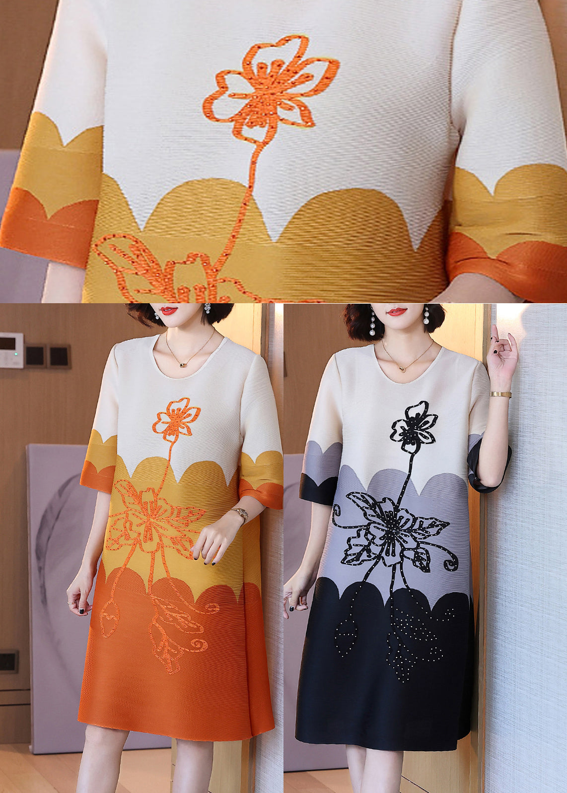 Natural Black O-neck Print Long Dress Half Sleeve