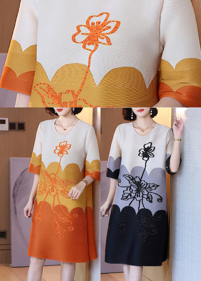 Orange O-neck Print Maxi Dress Half Sleeve