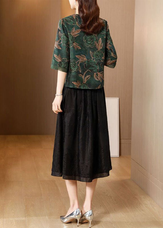 Green V Neck Jacquard Original Design Silk Two Pieces Set Summer