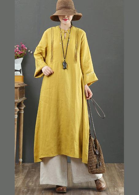 Yellow Quilting Clothes Stand Collar Pockets Long Spring Dress