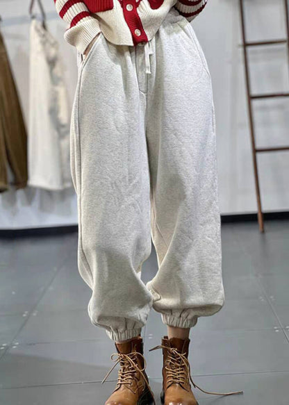 Green Pockets Elastic Waist Warm Fleece Pants Spring
