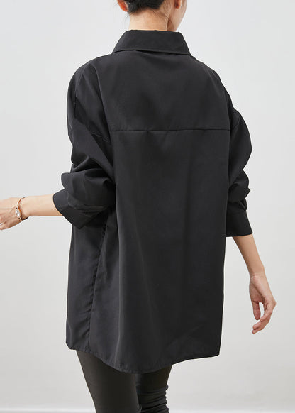 Black Peter Pan Collar Chinese Button Cotton Shirt Top Fall