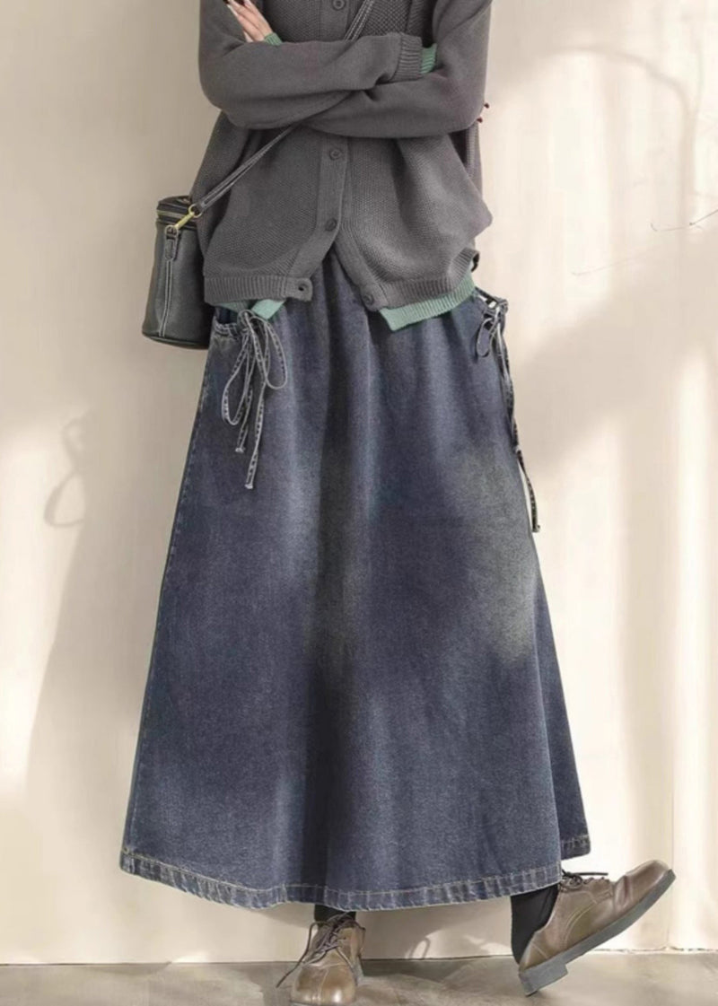 Blue Elastic Waist Lace Up Denim Skirt Spring
