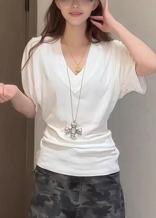 Simple White V Neck Cotton T Shirt Summer