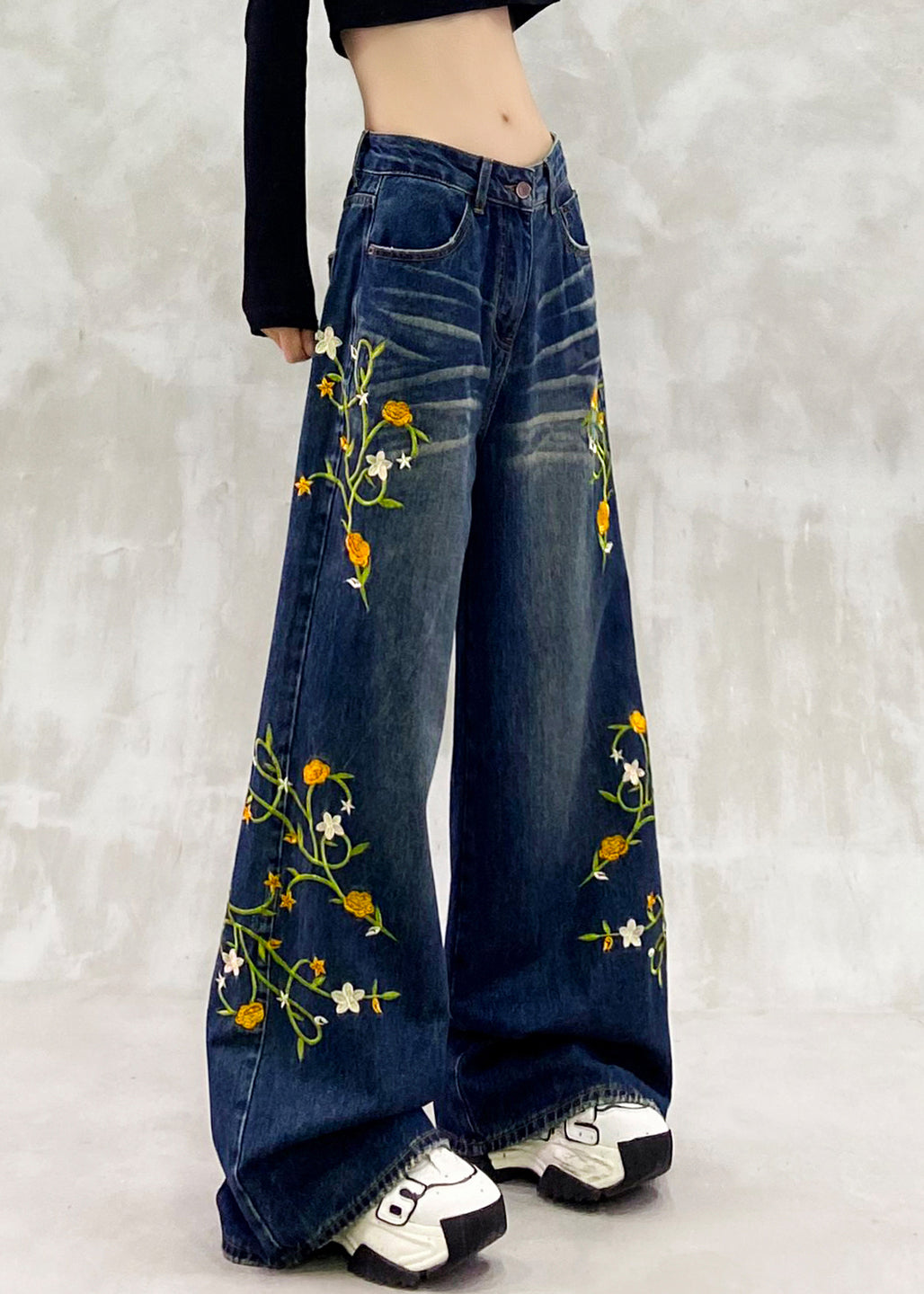 Blue Embroidered Pockets Patchwork Denim Pants Fall