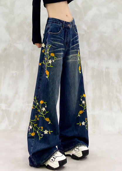 Blue Embroidered Pockets Patchwork Denim Pants Fall