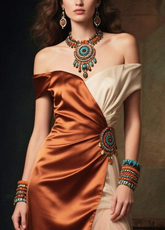 Colorblock Backless Tulle Patchwork Silk Strapless Dress Summer
