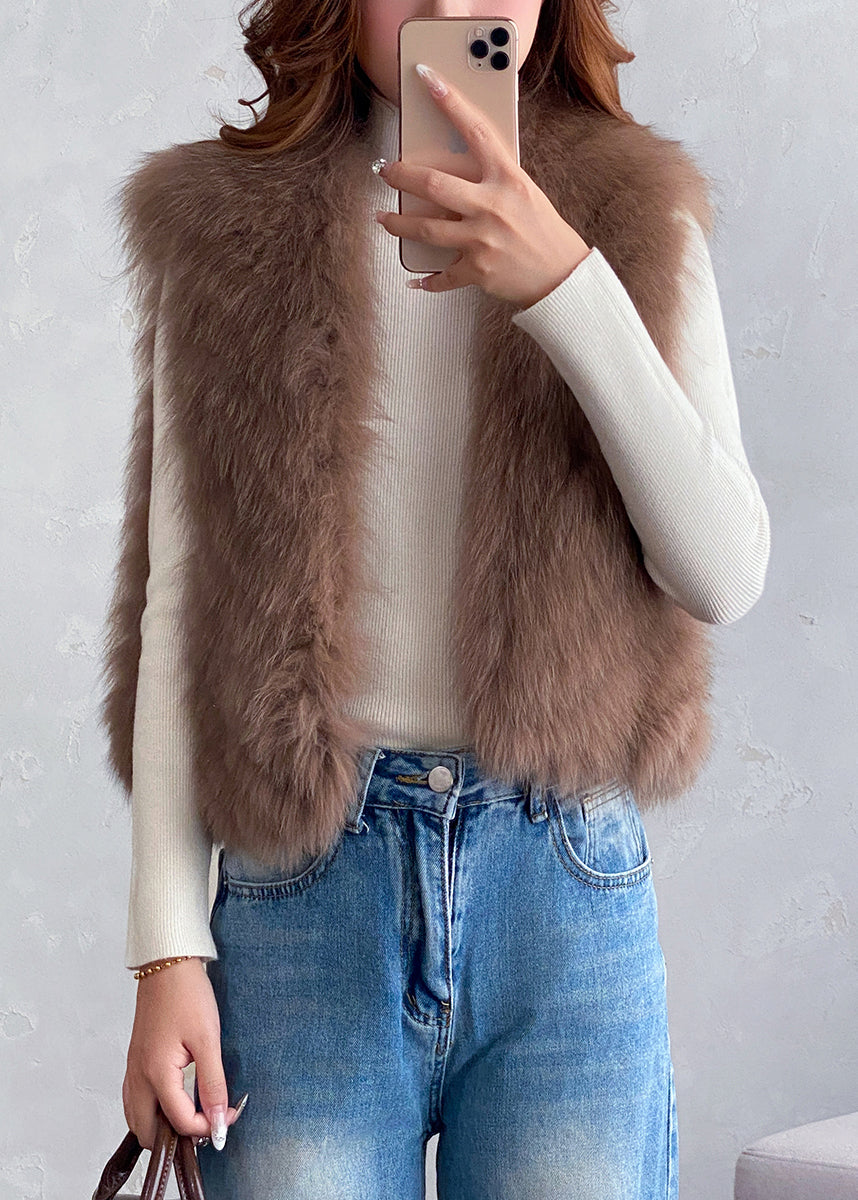 Coffee V Neck Warm Leather and Fur Waistcoat Winter