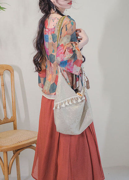 Colorblock Asymmetrical Design Print Lace Up Patchwork Shirt Top Summer