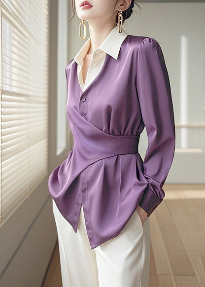 Purple Peter Pan Collar Asymmetrical Design Silk Shirts Spring