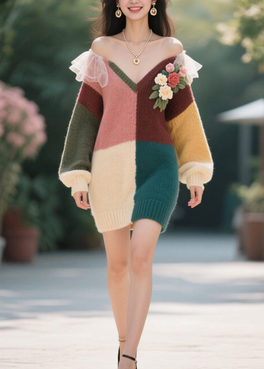 Stylish Colorblock V Neck Cold Shoulder Knit Sweater Dress Fall
