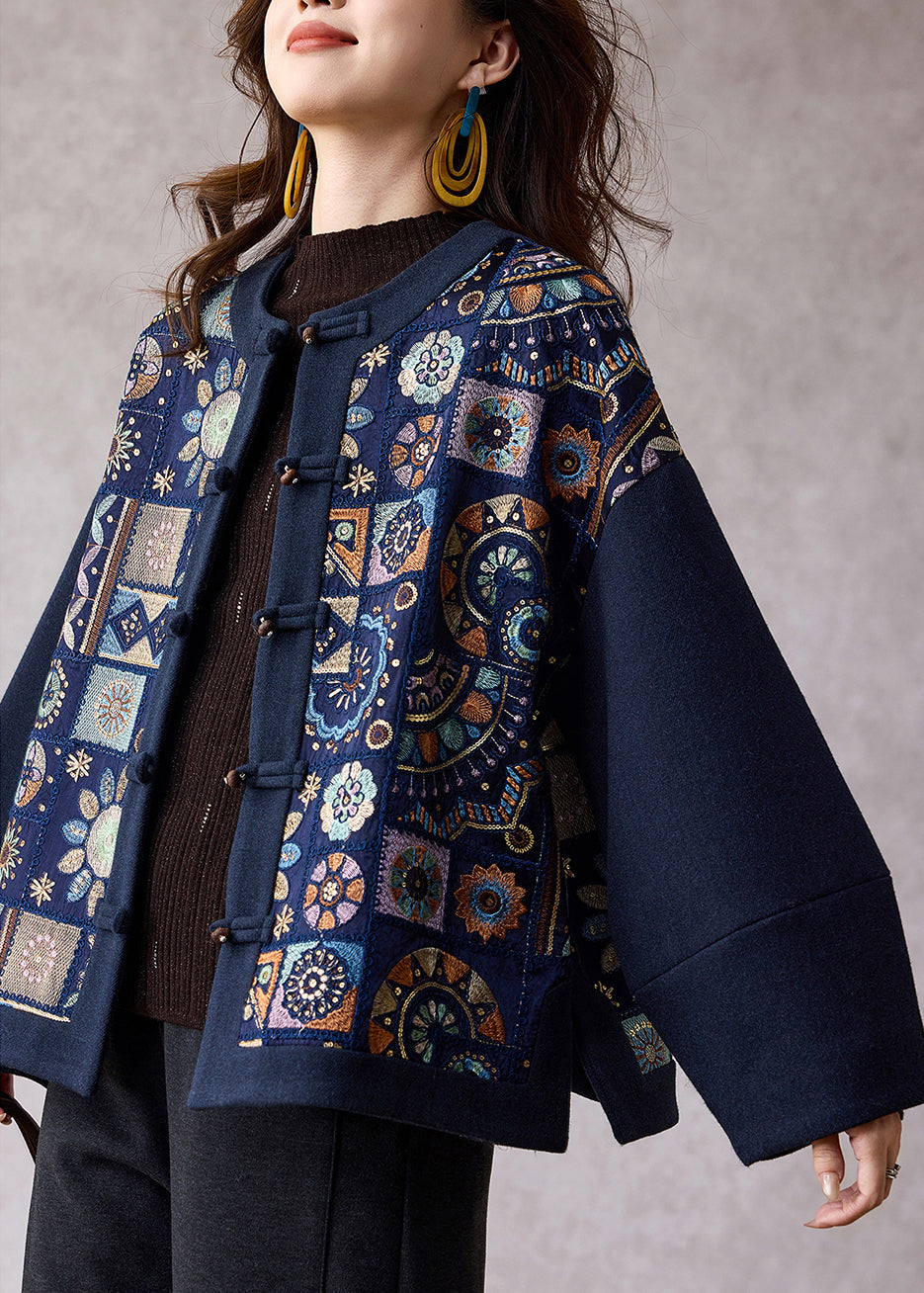 Diy Navy Embroidered Patchwork Woolen Jacket Spring