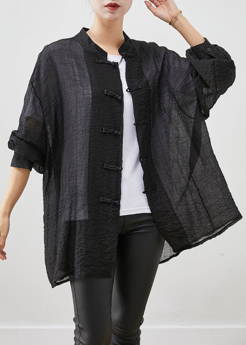 Black Chinese Button Wrinkled Linen Shirt Top Fall