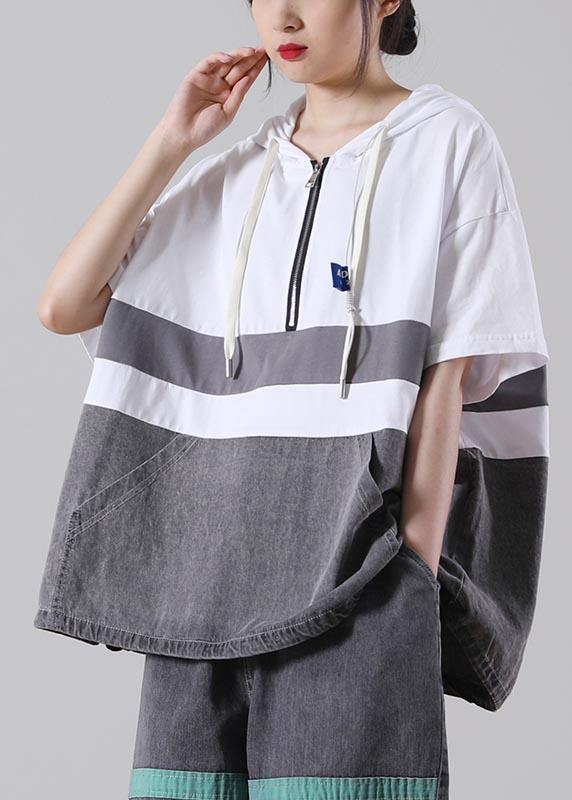 Fine Green Hooded Patchwork Cotton Blouses Summer