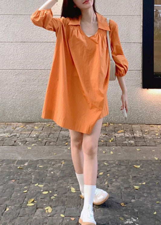 Simple Orange Peter Pan Collar Wrinkled Cotton Shirts Dress Bracelet Sleeve
