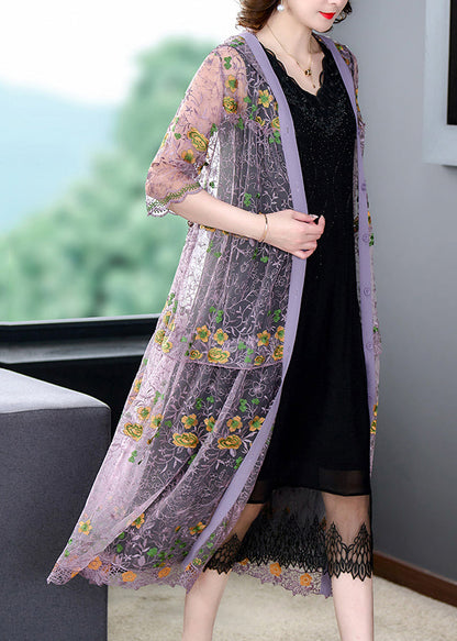Purple Embroidered Tulle Upf 50+ Hooded Cardigan Spring