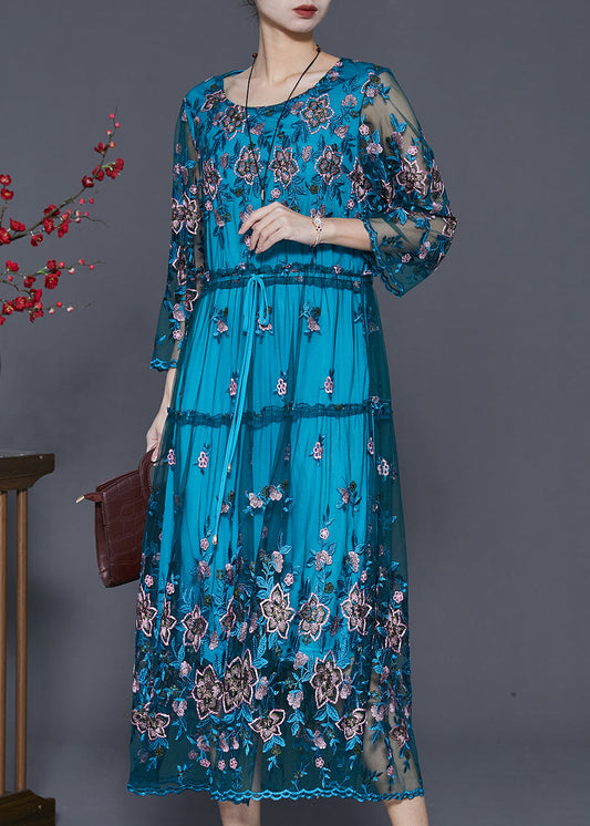 Blue Embroidered Tulle Cinched Dresses Summer