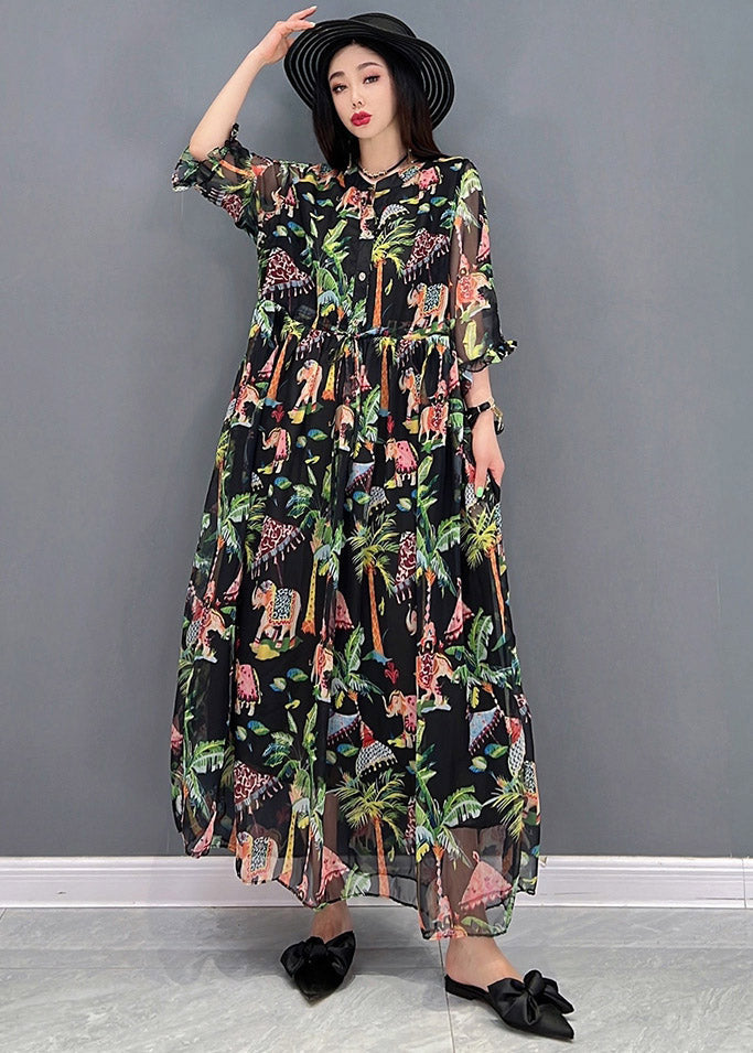 Black O-neck Patchwork Button Chiffon Dresses Short Sleeve