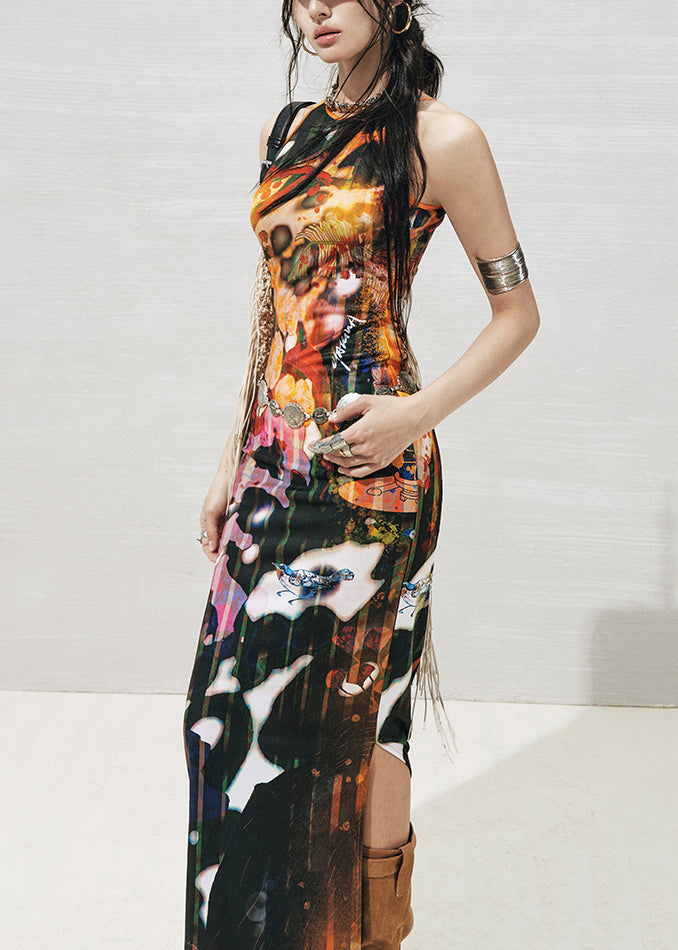 Orange Side Open Cotton Long Dresses O-neck Summer