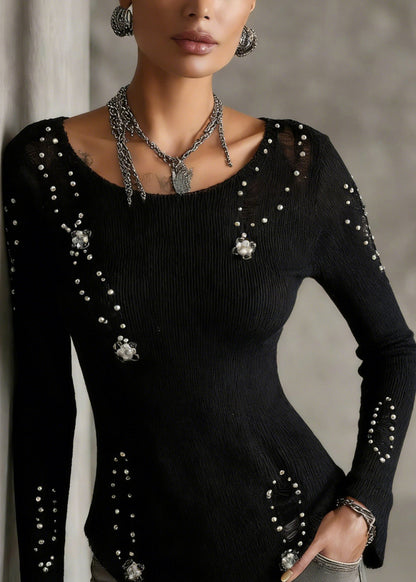 Style Black Ripped Nail Bead Knit Blouse Tops Spring
