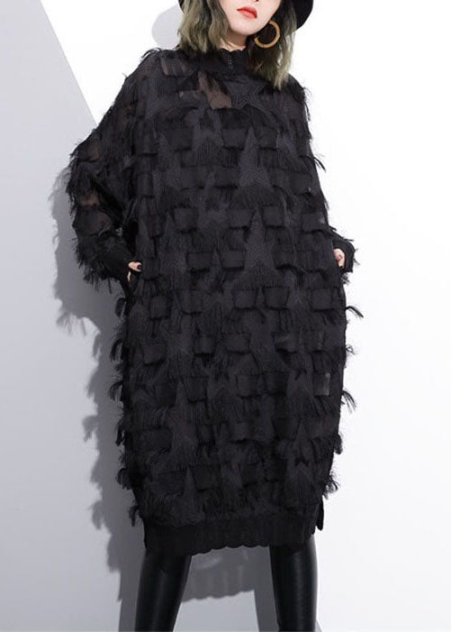 Black Tassel Hollow Out Lace Dress Spring
