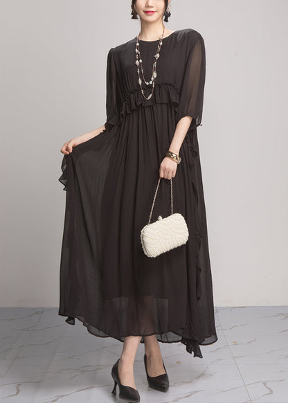 Black Wrinkled Chiffon Long Dresses O Neck Summer
