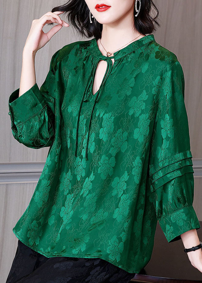 Green O-neck Lace Up Wrinkled Jacquard Silk Blouses Long Sleeve