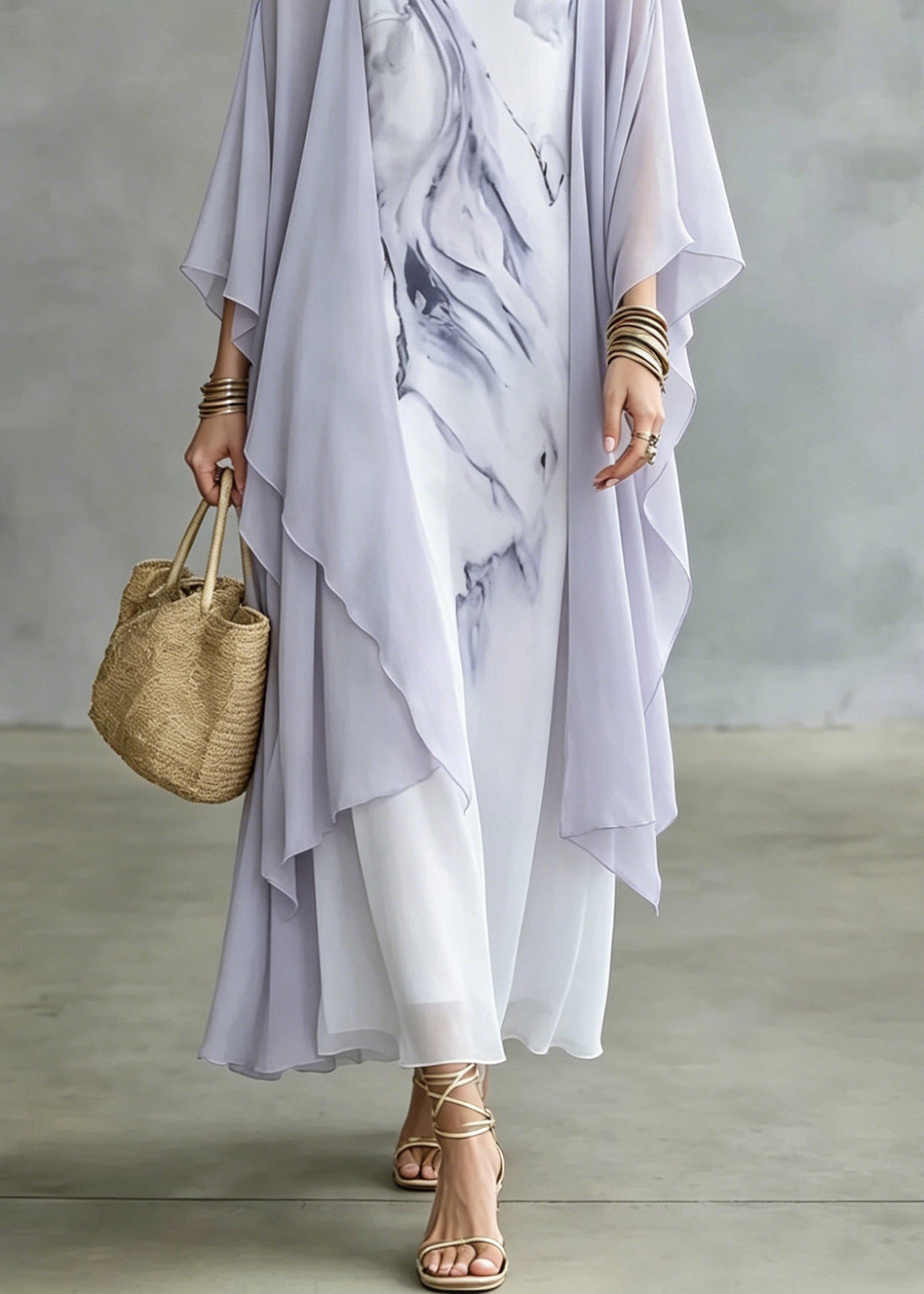 Handmade Tie Dye Fake Two-piece Chiffon Maxi Dresses Fall