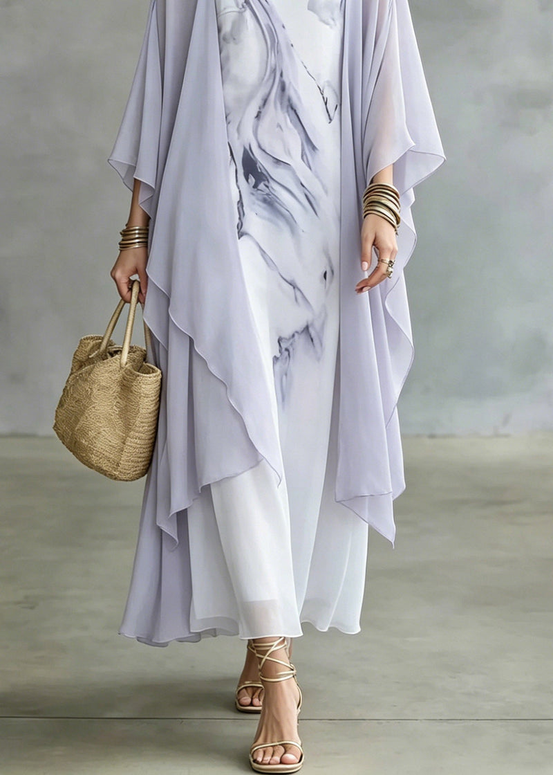Handmade Tie Dye Fake Two-piece Chiffon Maxi Dresses Fall