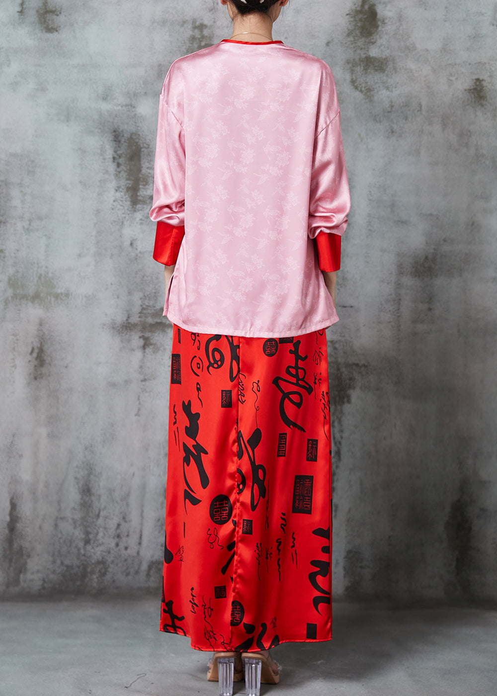 Pink Print Silk Oriental Two Pieces Set Spring