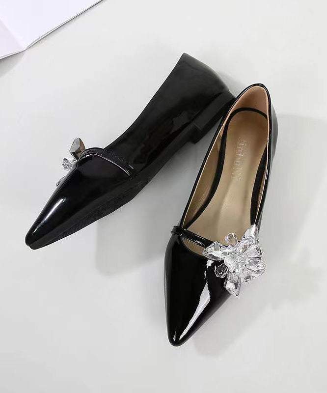 Comfy Black Pointed Toe Zircon Splicing Flat Shoes for