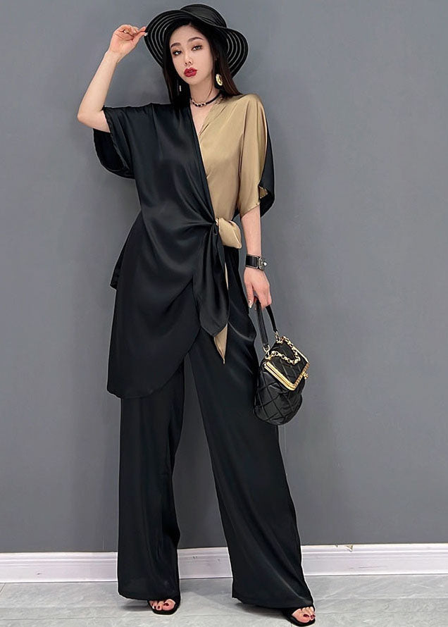 Black Khaki V Neck Asymmetrical Design Patchwork Chiffon Two Piece Suit Set Summer