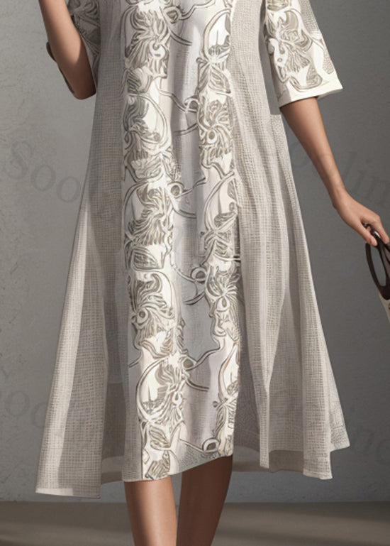 Apricot O Neck Print Patchwork Silk Dress Summer