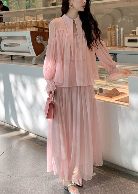 Pink Patchwork Wrinkled Tulle Shirt and Maxi Skirts Two Piece Set Spring
