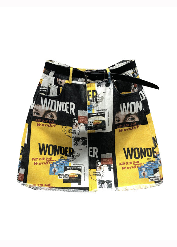 Yellow Street Graphic Pockets Patchwork Denim Skirt Summer