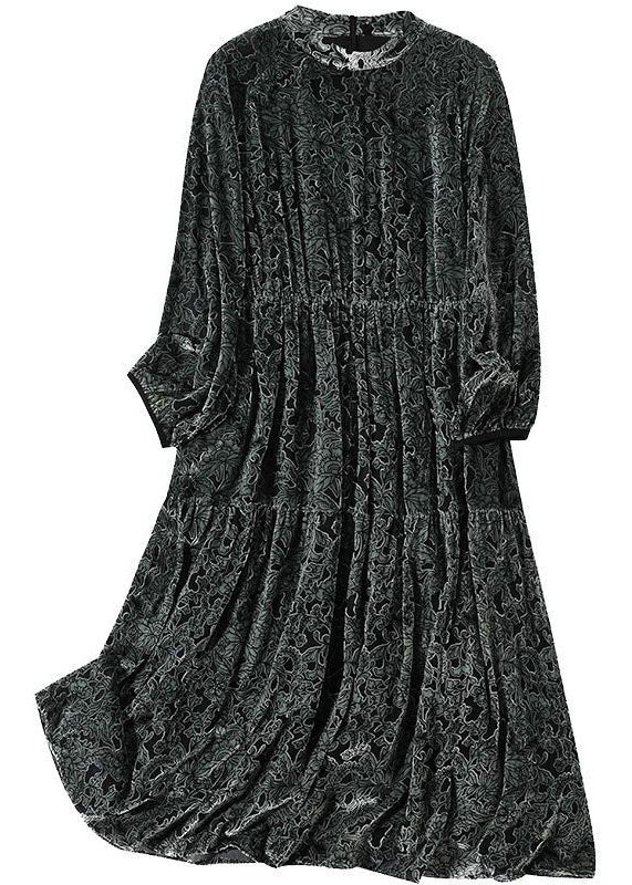 Grey O-neck Patchwork Print Silk Velour Maxi Dress Spring