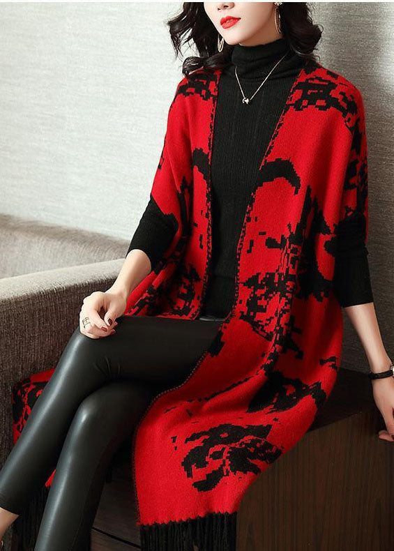 Red Print Knit Wool Long Cardigans Short Sleeve