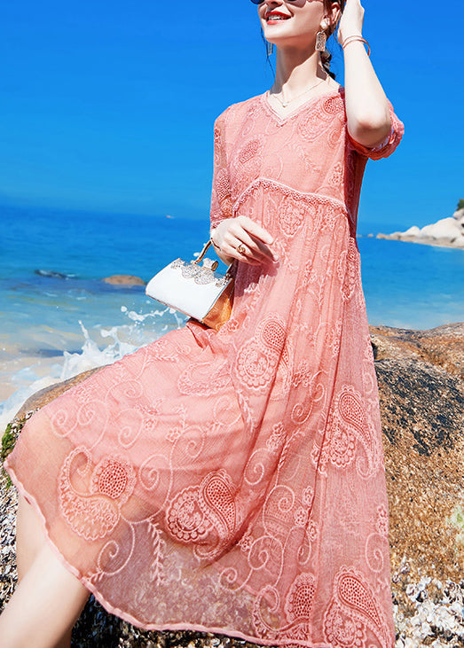 Pink V Neck Embroideried Wrinkled Silk Mid Dress Short Sleeve