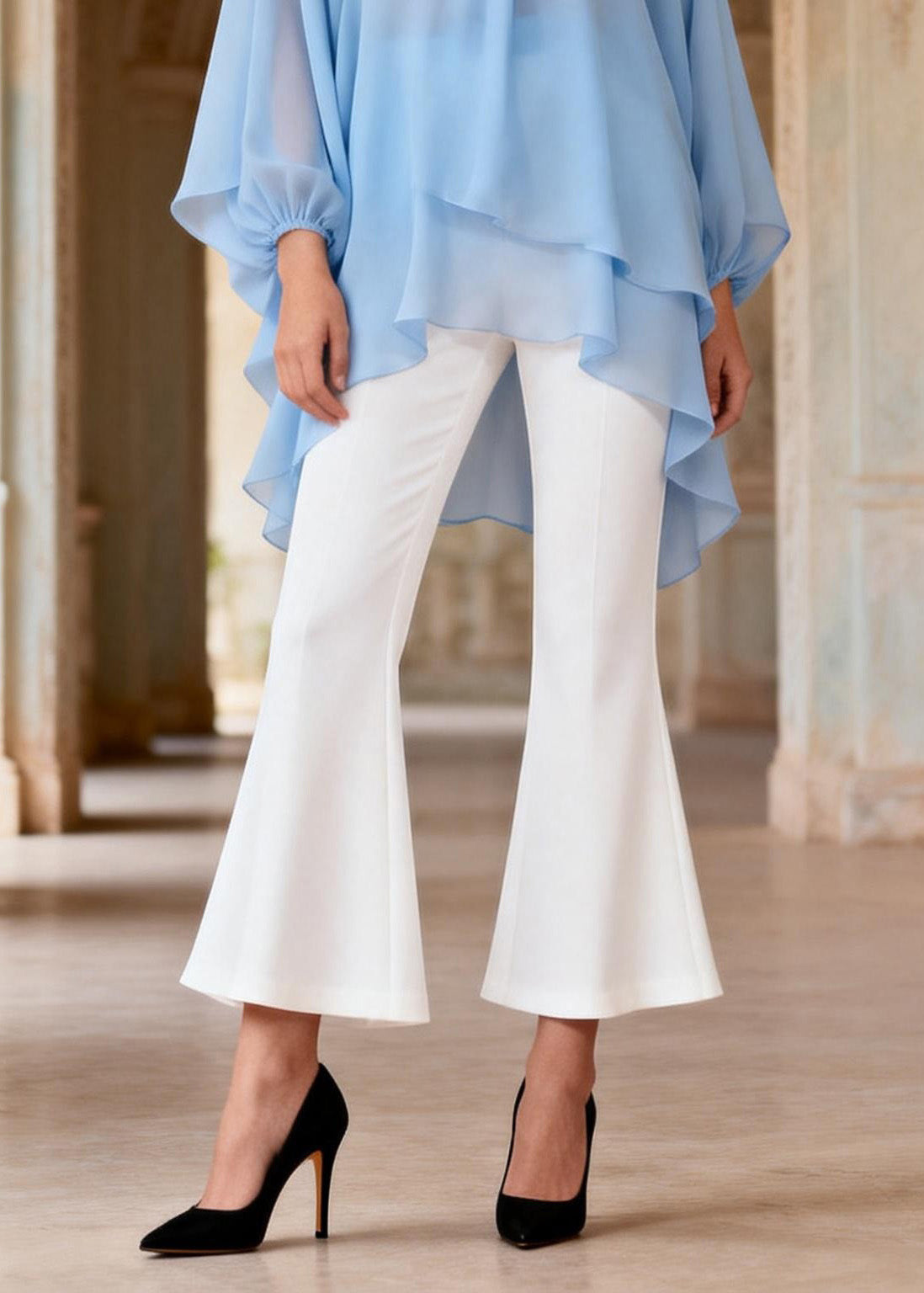 Organic V Neck Top and Pants Chiffon Two Piece Set Outfits Spring