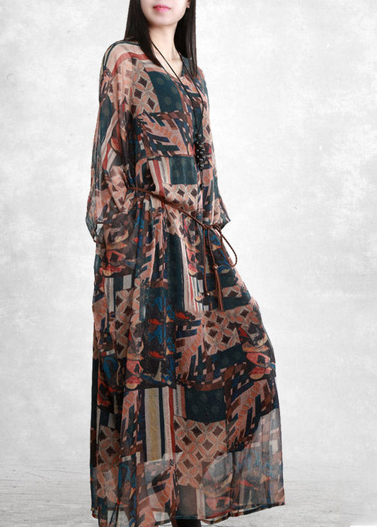 Khaki Blue V Neck Print Pockets Tie Waist Chiffon Dress Three Quarter Sleeve