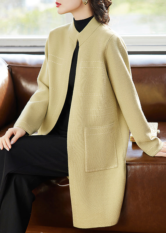 Yellow Stand Collar Pockets Woolen Cardigan Spring