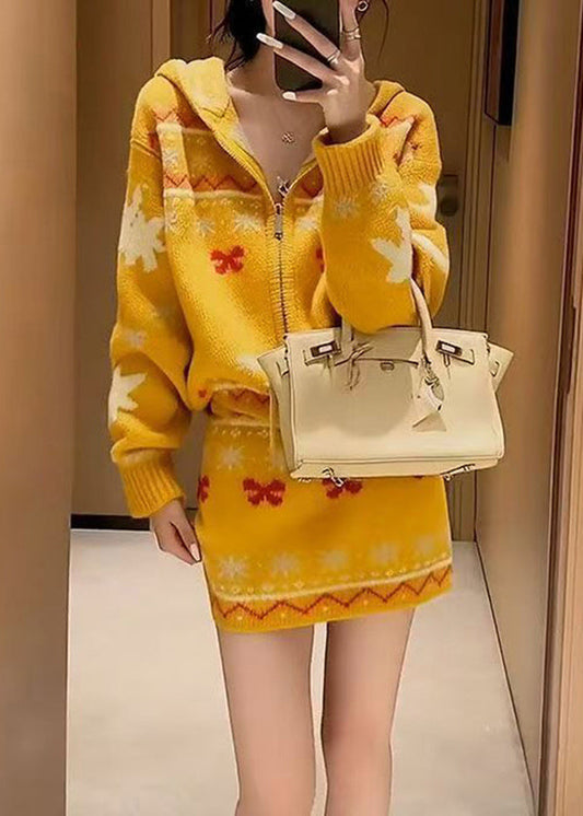 Stylish Yellow Hooded Jacquard Knit Two-piece Set Winter